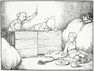 Vieron la cara asustada de un niño pequeño, ilustración de Rupert Bear Goes Hiking, pub. por Marston & Co., Londres, 1920s